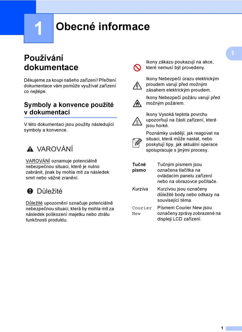 Ikony Nebezpečí úrazu elektrickým proudem varují před možným zásahem elektrickým proudem. Ikony Nebezpečí požáru varují před možným požárem.