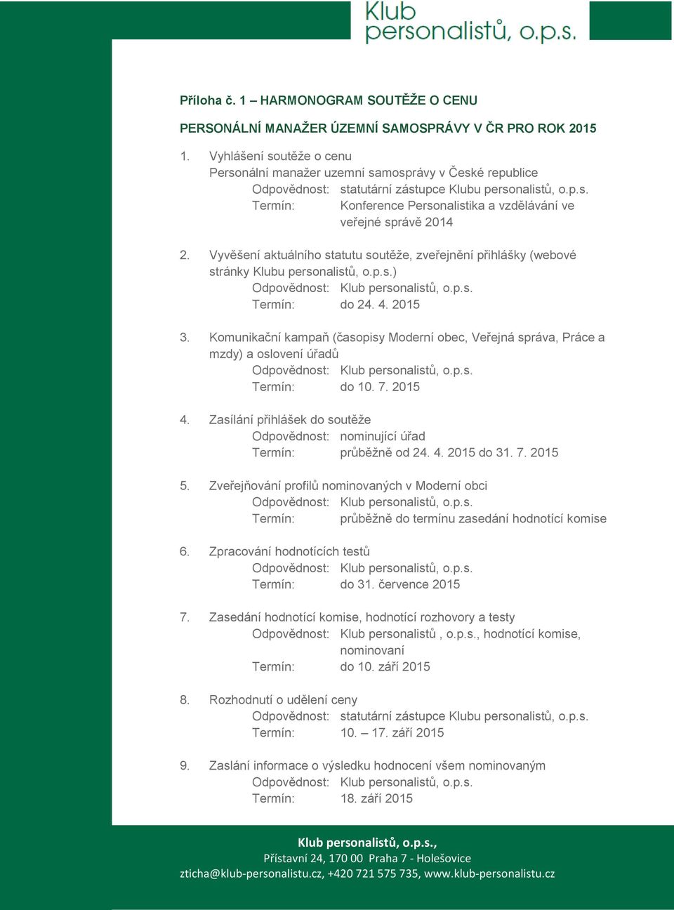 Vyvěšení aktuálního statutu soutěže, zveřejnění přihlášky (webové stránky Klubu personalistů, o.p.s.) Termín: do 24. 4. 2015 3.