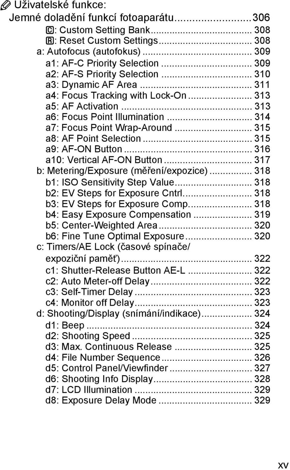 .. 315 a8: AF Point Selection... 315 a9: AF-ON Button... 316 a10: Vertical AF-ON Button... 317 b: Metering/Exposure (měření/expozice)... 318 b1: ISO Sensitivity Step Value.