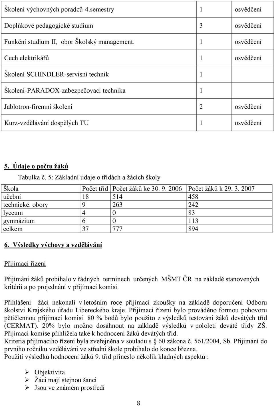 Údaje o počtu žáků Tabulka č. 5: Základní údaje o třídách a ţácích školy Škola Počet tříd Počet ţáků ke 30. 9. 2006 Počet ţáků k 29. 3. 2007 učební 18 514 458 technické.