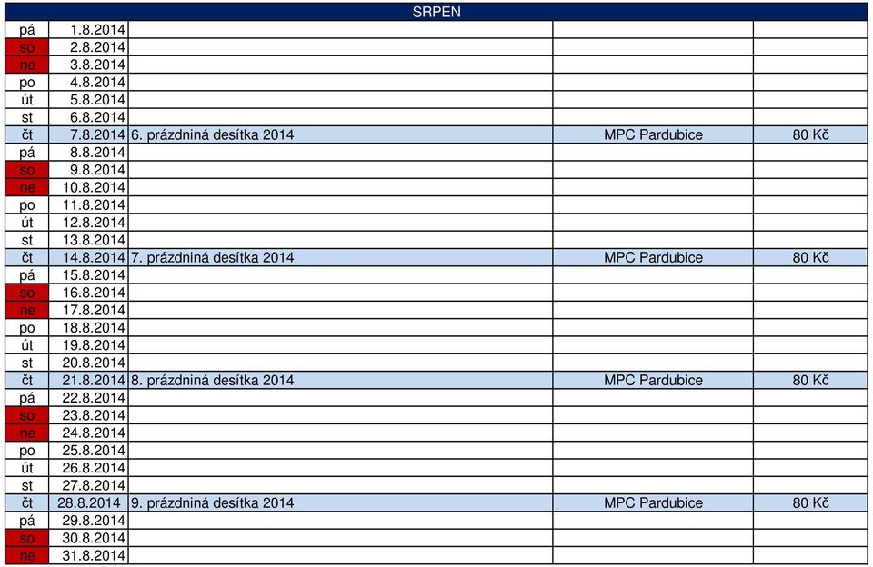 8.2014 po 18.8.2014 út 19.8.2014 st 20.8.2014 čt 21.8.2014 8. prázdniná desítka 2014 MPC Pardubice 80 Kč pá 22.8.2014 23.8.2014 24.8.2014 po 25.