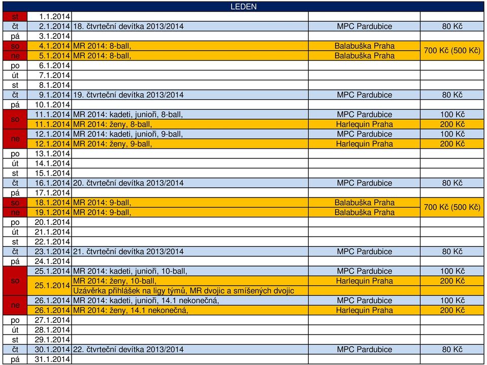1.2014 MR 2014: ženy, 8-ball, 12.1.2014 MR 2014: ženy, 9-ball, Harlequin Praha Harlequin Praha 200 Kč 200 Kč po 13.1.2014 út 14.1.2014 st 15.1.2014 čt 16.1.2014 20.