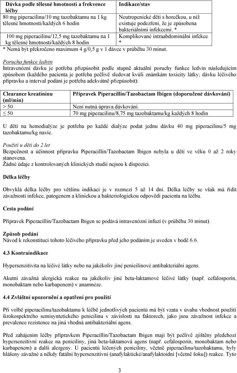 * Komplikované intraabdominální infekce * 100 mg piperacilinu/12,5 mg tazobaktamu na 1 kg tělesné hmotnosti/každých 8 hodin * Nemá být překročeno maximum 4 g/0,5 g v 1 dávce v průběhu 30 minut.