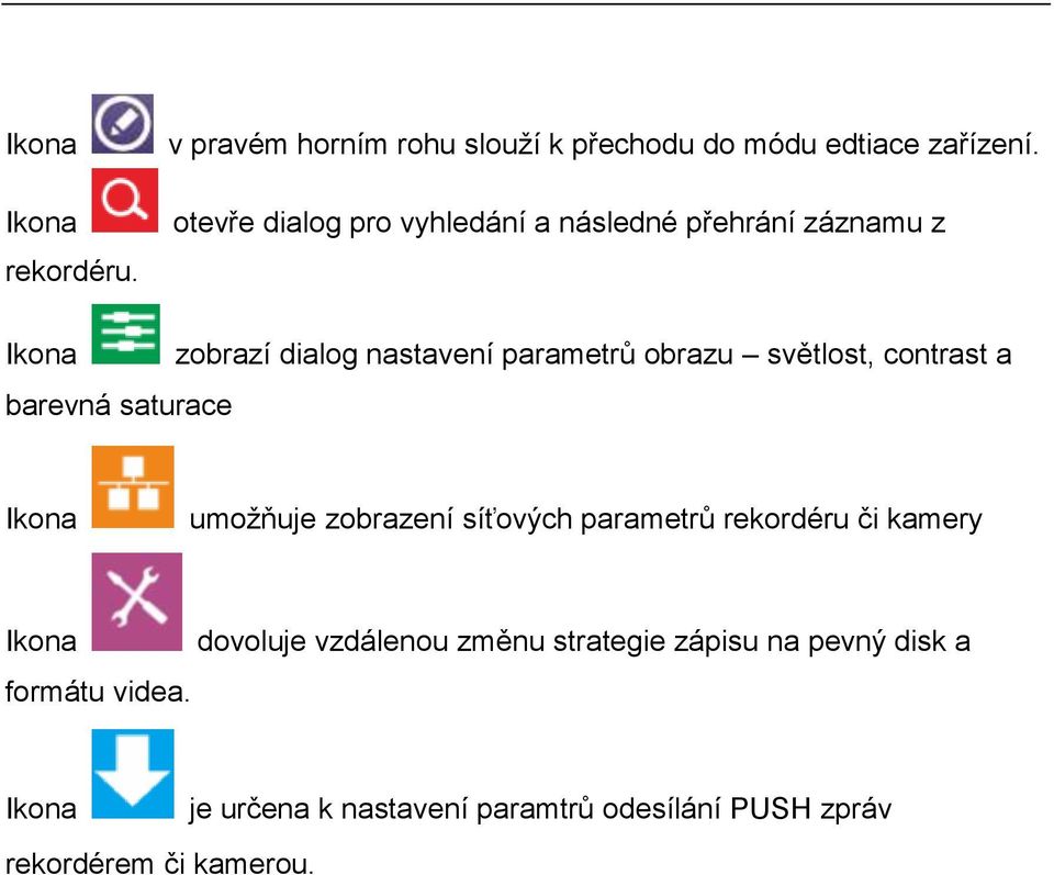parametrů obrazu světlost, contrast a Ikona umožňuje zobrazení síťových parametrů rekordéru či kamery Ikona