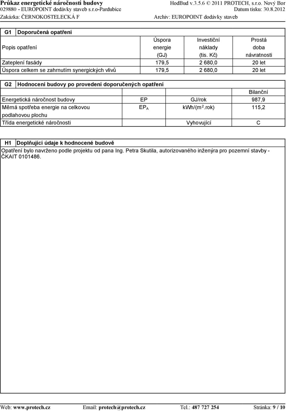 energetické náročnosti EP EP A GJ/rok kwh/(.rok) Vyhovující Bilanční 987,9 5, C H Doplňující údaje k hodnocené budově Opatření bylo navrženo podle projektu od pana Ing.