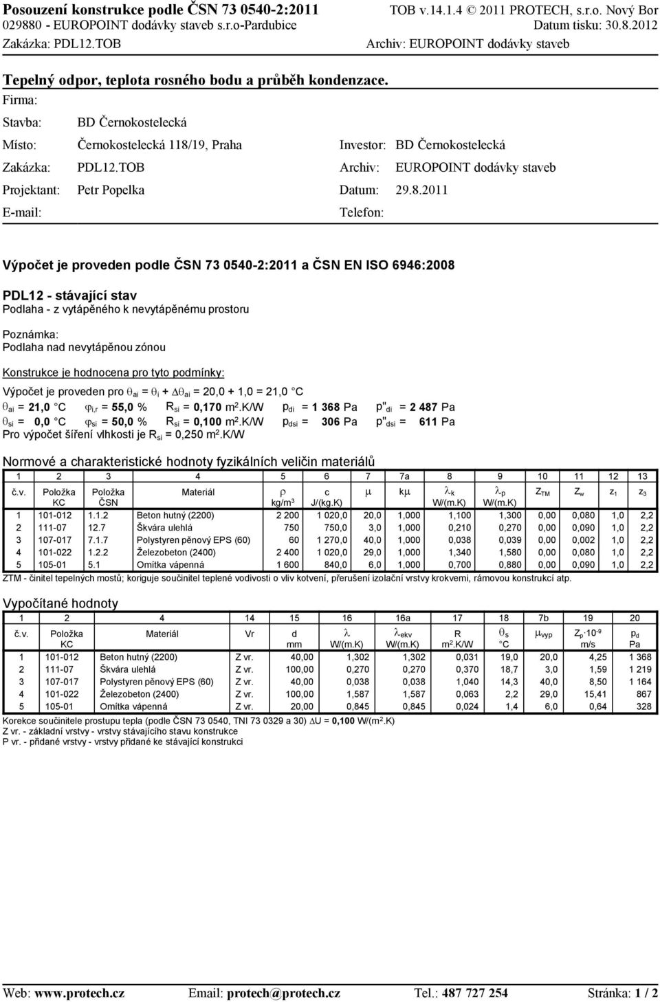 9, Praha PDL.TOB Petr Popelka Investor: Archiv: Datu: Telefon: BD Černokostelecká EUROPOINT dodávky staveb 9.8.