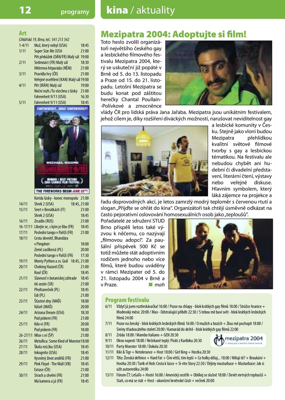 hry (ČR) 21:00 Veřejné osvětlení (KAN) Malý sál 19:00 4/11 Pět (IRÁN) Malý sál 19:00 Noční rozh.