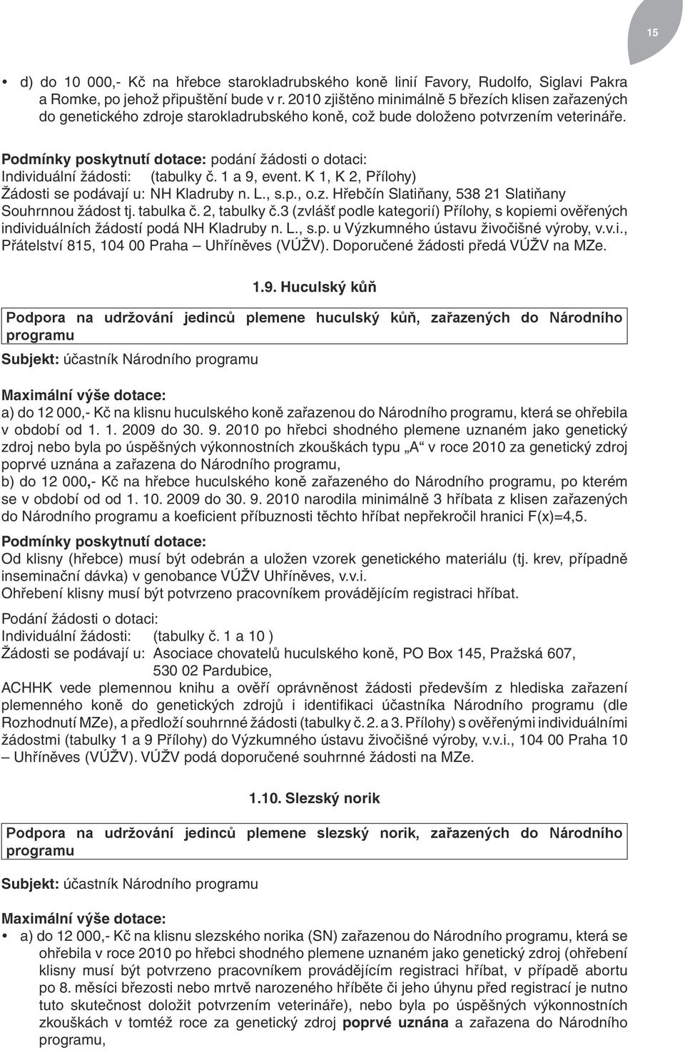 Podmínky poskytnutí dotace: podání žádosti o dotaci: Individuální žádosti: (tabulky č. 1 a 9, event. K 1, K 2, Přílohy) Žádosti se podávají u: NH Kladruby n. L., s.p., o.z.