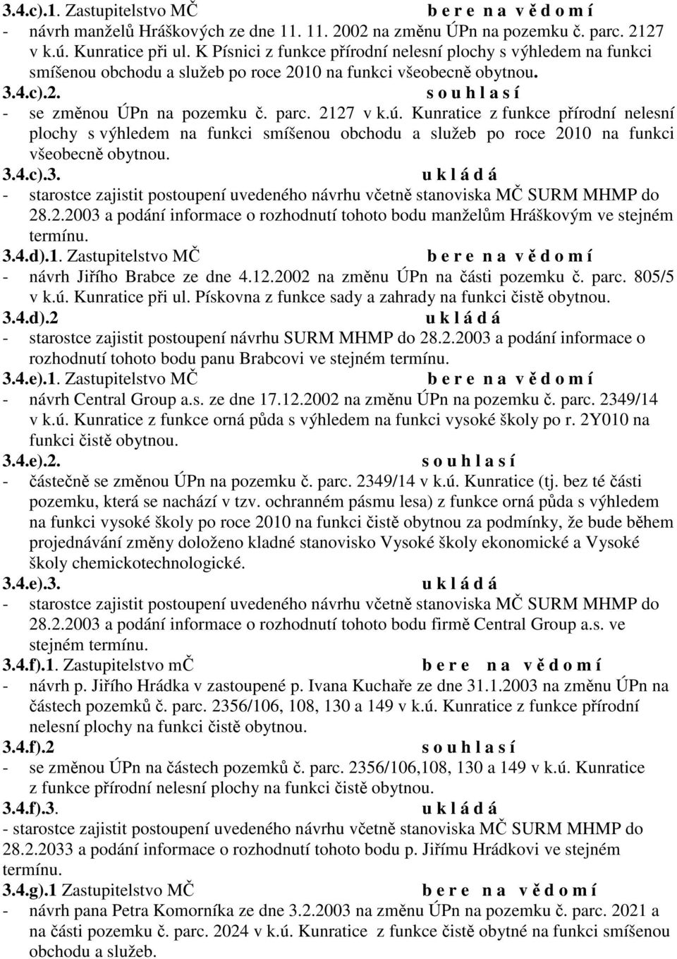 Kunratice z funkce pírodní nelesní plochy s výhledem na funkci smíšenou obchodu a služeb po roce 2010 na funkci všeobecn obytnou. 3.4.c).3. 28.2.2003 a podání informace o rozhodnutí tohoto bodu manželm Hráškovým ve stejném termínu.