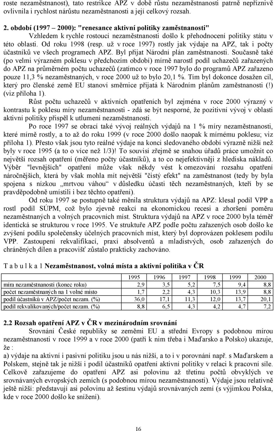 už v roce 1997) rostly jak výdaje na APZ, tak i počty účastníků ve všech programech APZ. Byl přijat Národní plán zaměstnanosti.