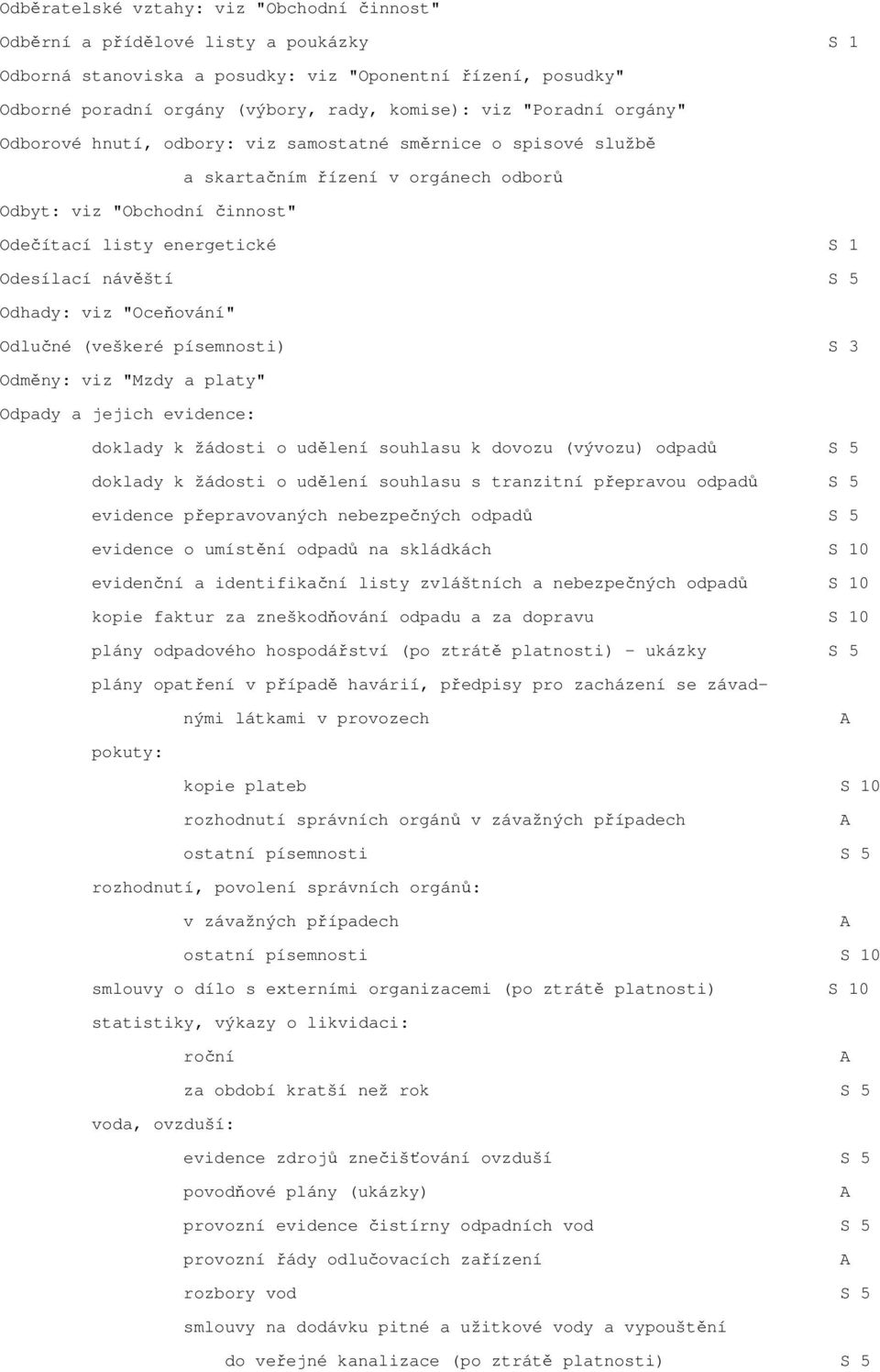 S 5 Odhady: viz "Oceňování" Odlučné (veškeré písemnosti) S 3 Odměny: viz "Mzdy a platy" Odpady a jejich evidence: doklady k žádosti o udělení souhlasu k dovozu (vývozu) odpadů S 5 doklady k žádosti o