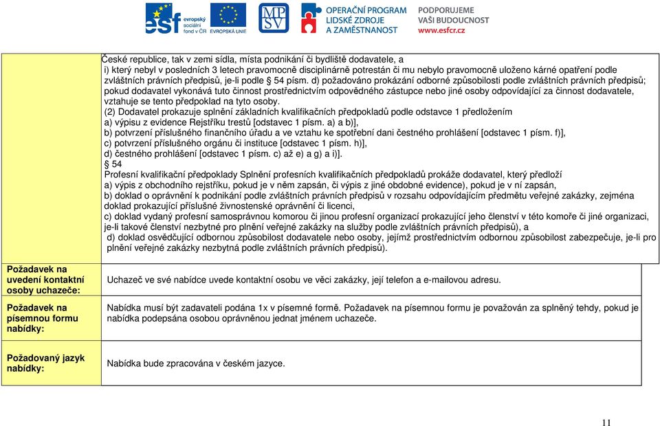 d) požadováno prokázání odborné způsobilosti podle zvláštních právních předpisů; pokud dodavatel vykonává tuto činnost prostřednictvím odpovědného zástupce nebo jiné osoby odpovídající za činnost