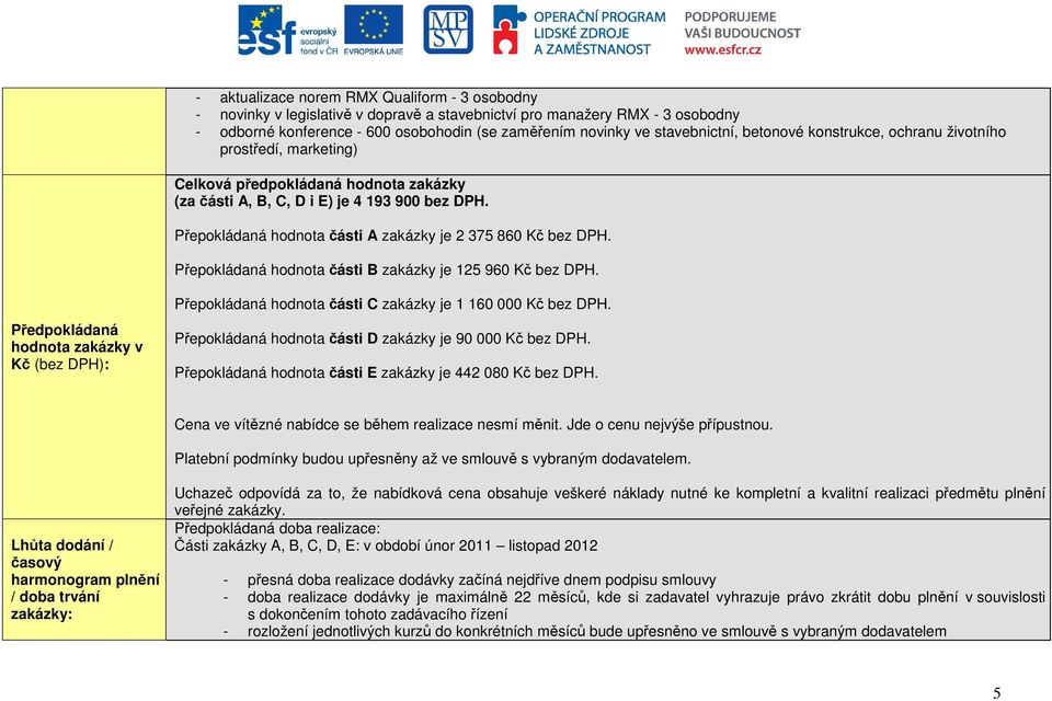 Přepokládaná hodnota části A zakázky je 2 375 860 Kč bez DPH. Přepokládaná hodnota části B zakázky je 125 960 Kč bez DPH.