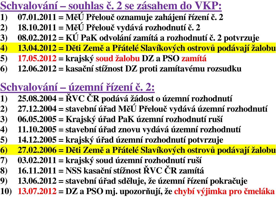 2012 = kasační stížnost DZ proti zamítavému rozsudku Schvalování územní řízení č. 2: 1) 25.08.2004 = ŘVC ČR podává žádost o územní rozhodnutí 2) 27.12.2004 = stavební úřad MěÚ Přelouč vydává územní rozhodnutí 3) 06.