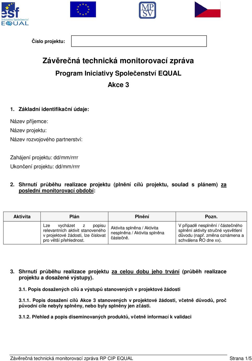 Shrnutí průběhu realizace projektu (plnění cílů projektu, soulad s plánem) za poslední monitorovací období: Aktivita Plán Plnění Pozn.