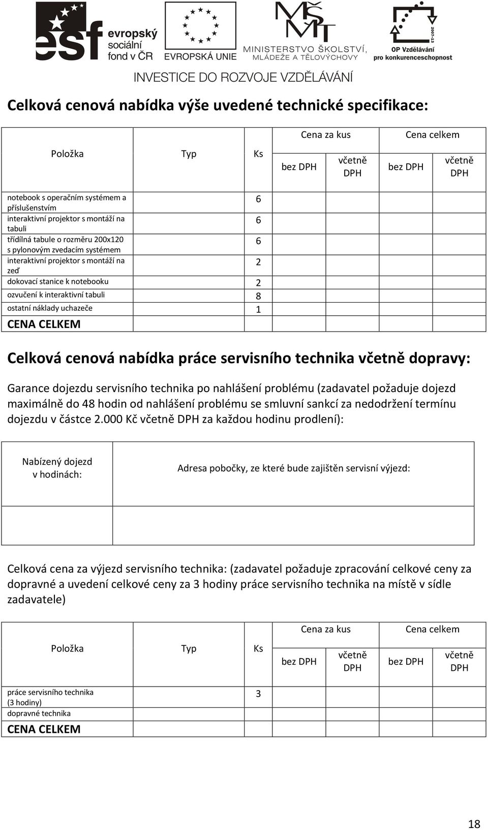včetně DPH Cena celkem bez DPH včetně DPH Celková cenová nabídka práce servisního technika včetně dopravy: Garance dojezdu servisního technika po nahlášení problému (zadavatel požaduje dojezd