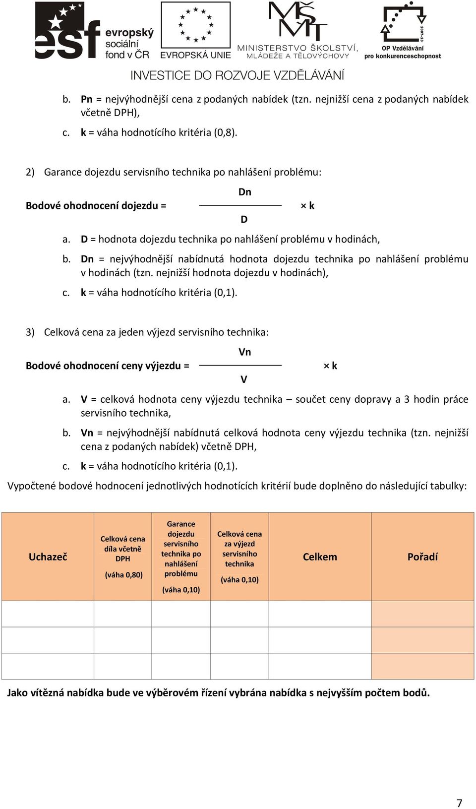 Dn = nejvýhodnější nabídnutá hodnota dojezdu technika po nahlášení problému v hodinách (tzn. nejnižší hodnota dojezdu v hodinách), c. k = váha hodnotícího kritéria (0,1).