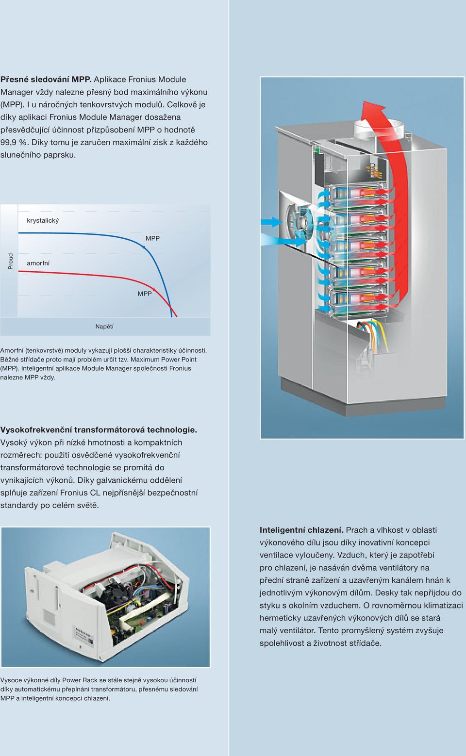 krystalický MPP Proud amorfní MPP Napětí Amorfní (tenkovrstvé) moduly vykazují plošší charakteristiky účinnosti. Běžné střídače proto mají problém určit tzv. Maximum Power Point (MPP).