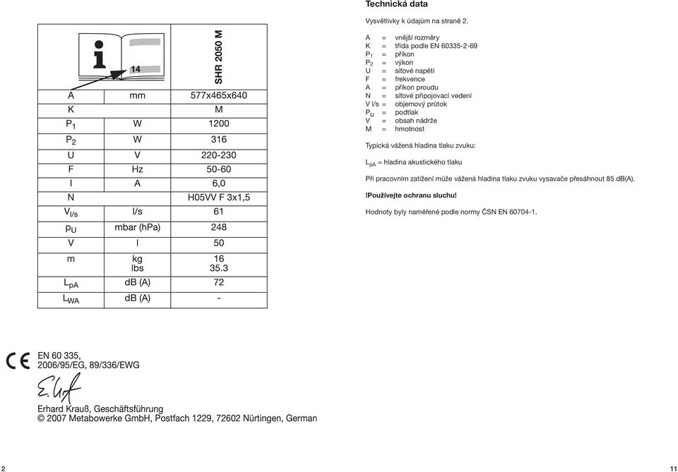 = síťové připojovací vedení V l/s = objemový průtok P u = podtlak V = obsah nádrže M = hmotnost Typická vážená hladina tlaku