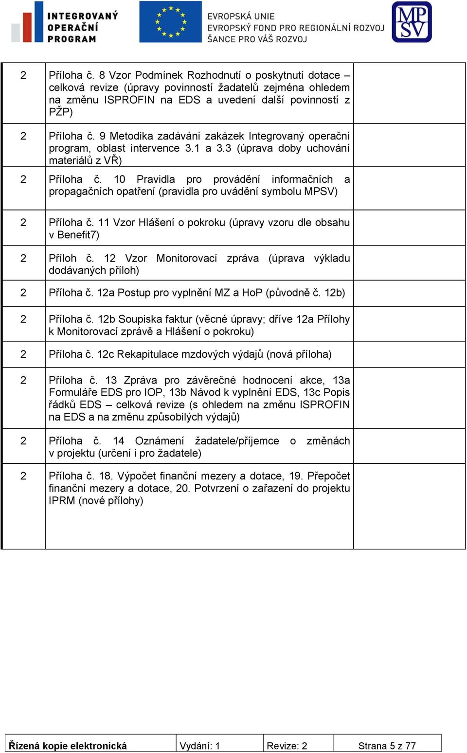 10 Pravidla pro provádění informačních a propagačních opatření (pravidla pro uvádění symbolu MPSV) 2 Příloha č. 11 Vzor Hlášení o pokroku (úpravy vzoru dle obsahu v Benefit7) 2 Příloh č.