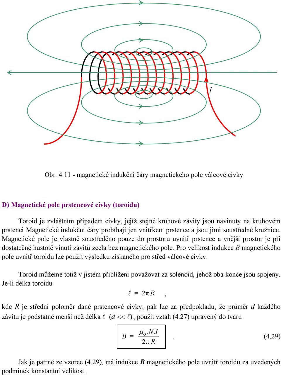 při dostatečné hustotě vinutí závitů zcela bez magnetického pole Pro velikost indukce magnetického pole uvnitř toroidu lze použít výsledku získaného pro střed válcové cívky Toroid můžeme totiž v