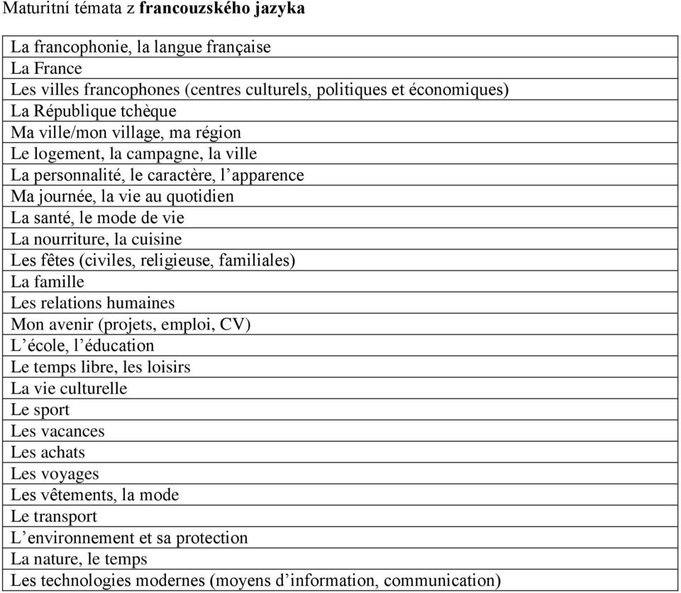 cuisine Les fêtes (civiles, religieuse, familiales) La famille Les relations humaines Mon avenir (projets, emploi, CV) L école, l éducation Le temps libre, les loisirs La vie culturelle