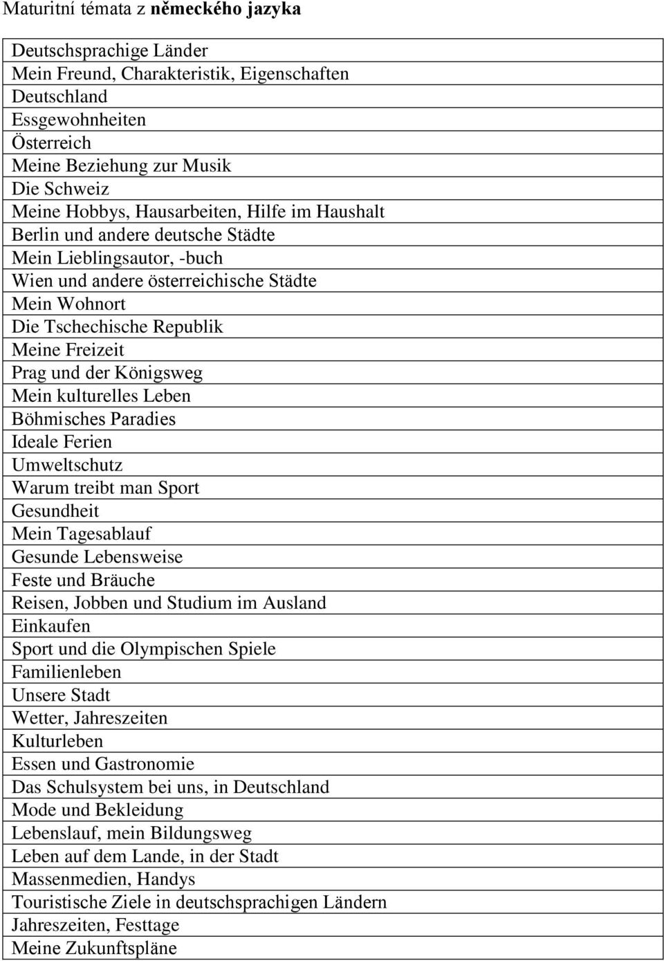 Königsweg Mein kulturelles Leben Böhmisches Paradies Ideale Ferien Umweltschutz Warum treibt man Sport Gesundheit Mein Tagesablauf Gesunde Lebensweise Feste und Bräuche Reisen, Jobben und Studium im