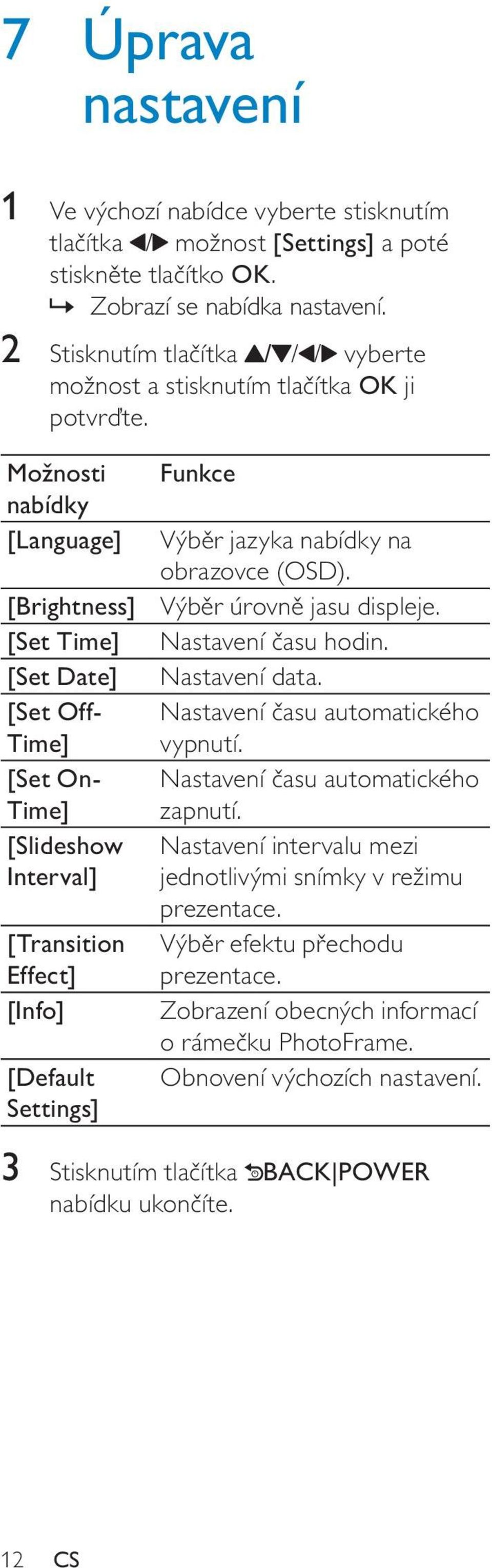 Možnosti nabídky [Language] [Brightness] [Set Time] [Set Date] [Set Off- Time] [Set On- Time] [Slideshow Interval] [Transition Effect] [Info] [Default Settings] Funkce Výběr jazyka nabídky na