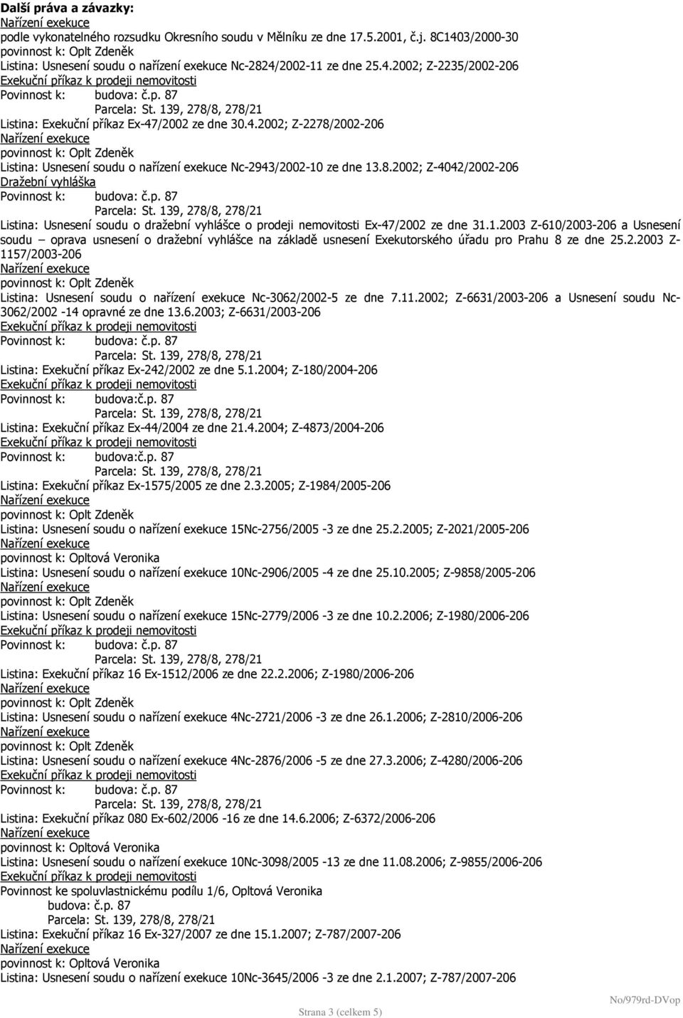 1.2003 Z-610/2003-206 a Usnesení soudu oprava usnesení o dražební vyhlášce na základě usnesení Exekutorského úřadu pro Prahu 8 ze dne 25.2.2003 Z- 1157/2003-206 Listina: Usnesení soudu o nařízení exekuce Nc-3062/2002-5 ze dne 7.