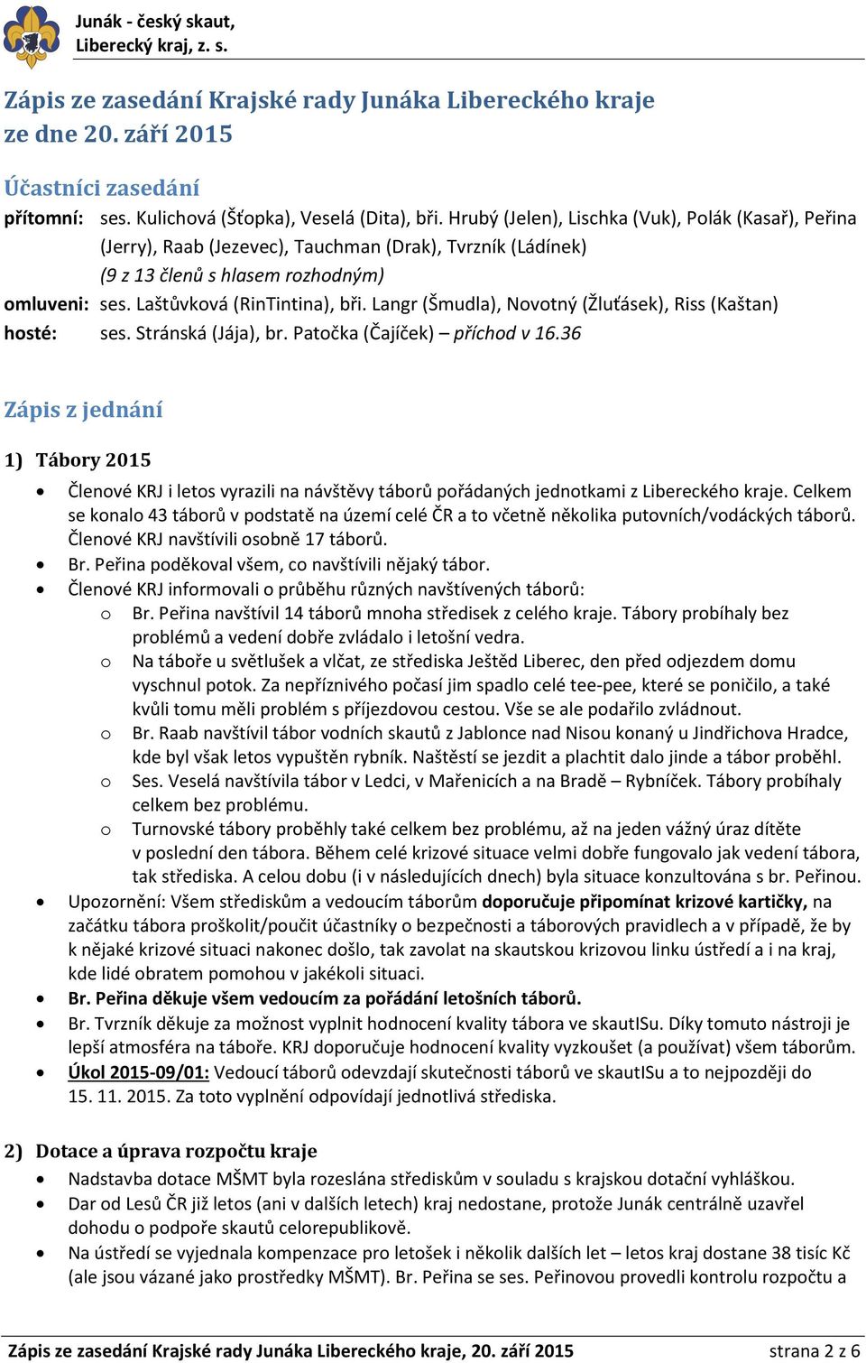 Langr (Šmudla), Novotný (Žluťásek), Riss (Kaštan) hosté: ses. Stránská (Jája), br. Patočka (Čajíček) příchod v 16.