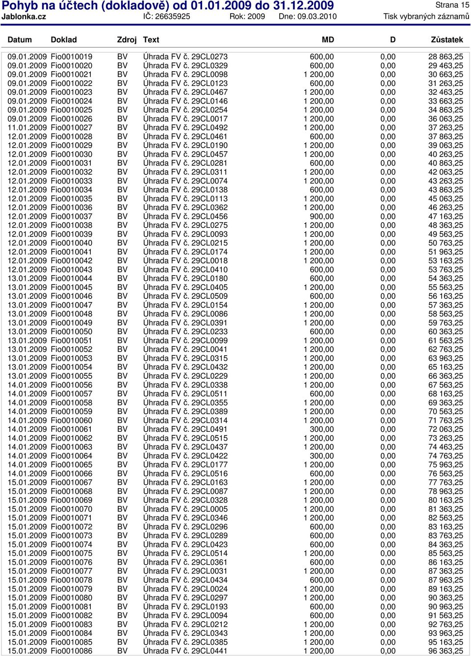 29CL0146 1 20 33 663,25 09.01.2009 Fio0010025 BV Úhrada FV č. 29CL0254 1 20 34 863,25 09.01.2009 Fio0010026 BV Úhrada FV č. 29CL0017 1 20 36 063,25 11.01.2009 Fio0010027 BV Úhrada FV č.