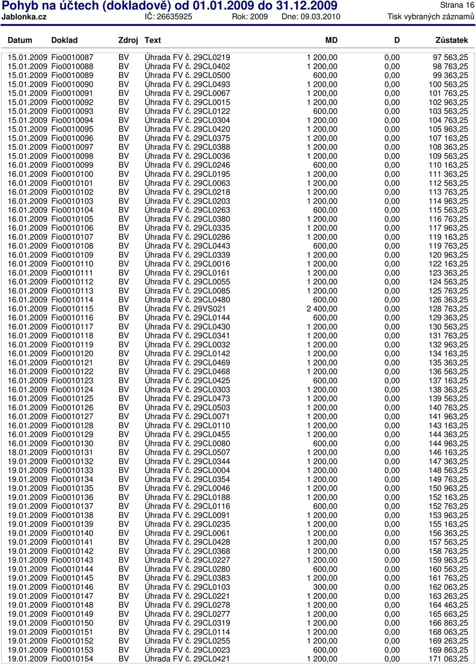 29CL0015 1 20 102 963,25 15.01.2009 Fio0010093 BV Úhrada FV č. 29CL0122 60 103 563,25 15.01.2009 Fio0010094 BV Úhrada FV č. 29CL0304 1 20 104 763,25 15.01.2009 Fio0010095 BV Úhrada FV č.