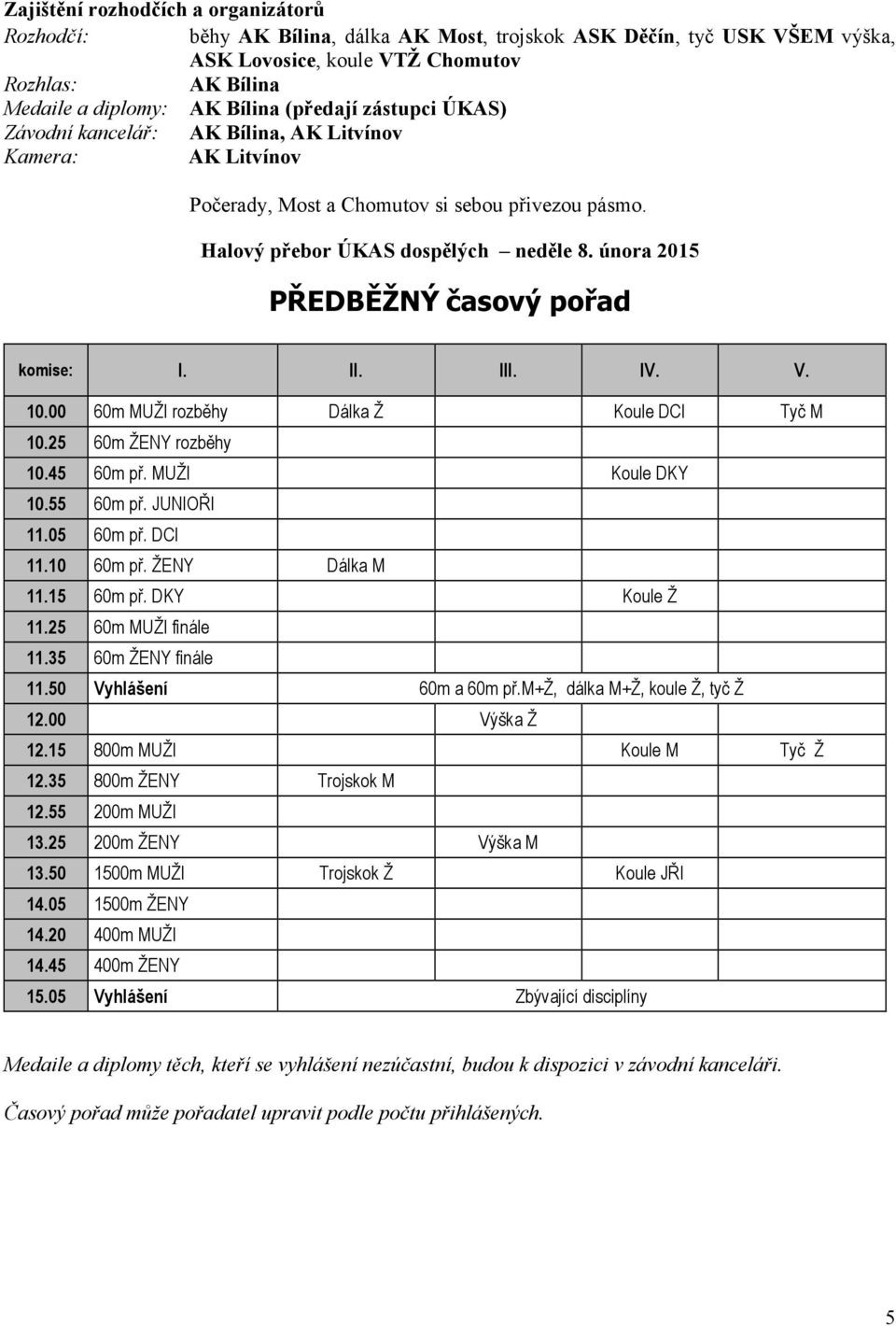 února 2015 PŘEDBĚŽNÝ časový pořad komise: I. II. III. IV. V. 10.00 60m MUŽI rozběhy Dálka Ž Koule DCI Tyč M 10.25 60m ŽENY rozběhy 10.45 60m př. MUŽI Koule DKY 10.55 60m př. JUNIOŘI 11.05 60m př.