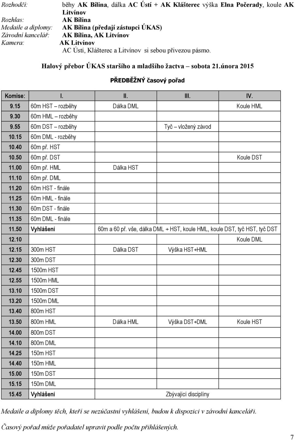 9.15 60m HST rozběhy Dálka DML Koule HML 9.30 60m HML rozběhy 9.55 60m DST rozběhy Tyč vložený závod 10.15 60m DML - rozběhy 10.40 60m př. HST 10.50 60m př. DST Koule DST 11.00 60m př.