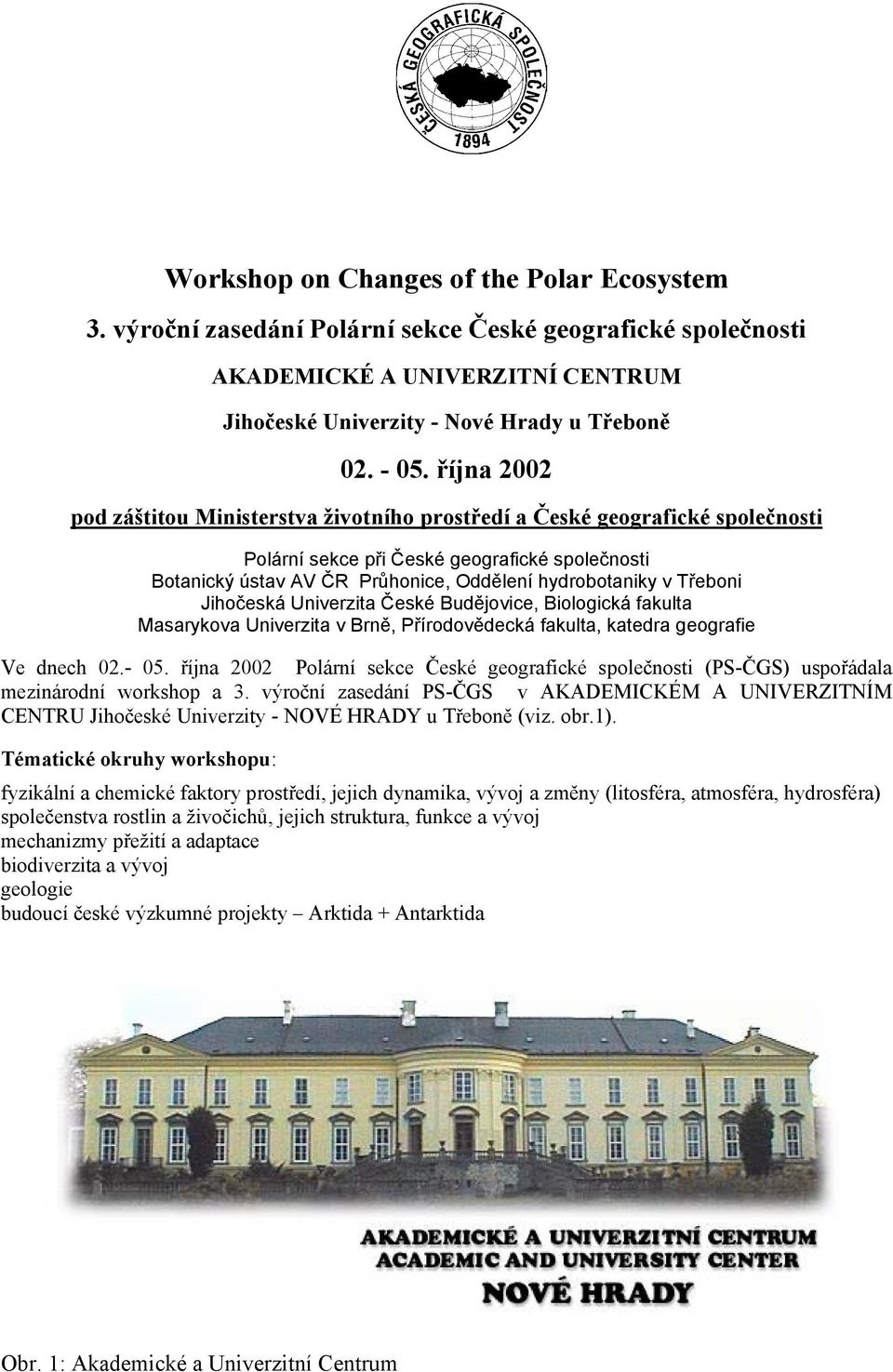 Třeboni Jihočeská Univerzita České Budějovice, Biologická fakulta Masarykova Univerzita v Brně, Přírodovědecká fakulta, katedra geografie Ve dnech 02.- 05.