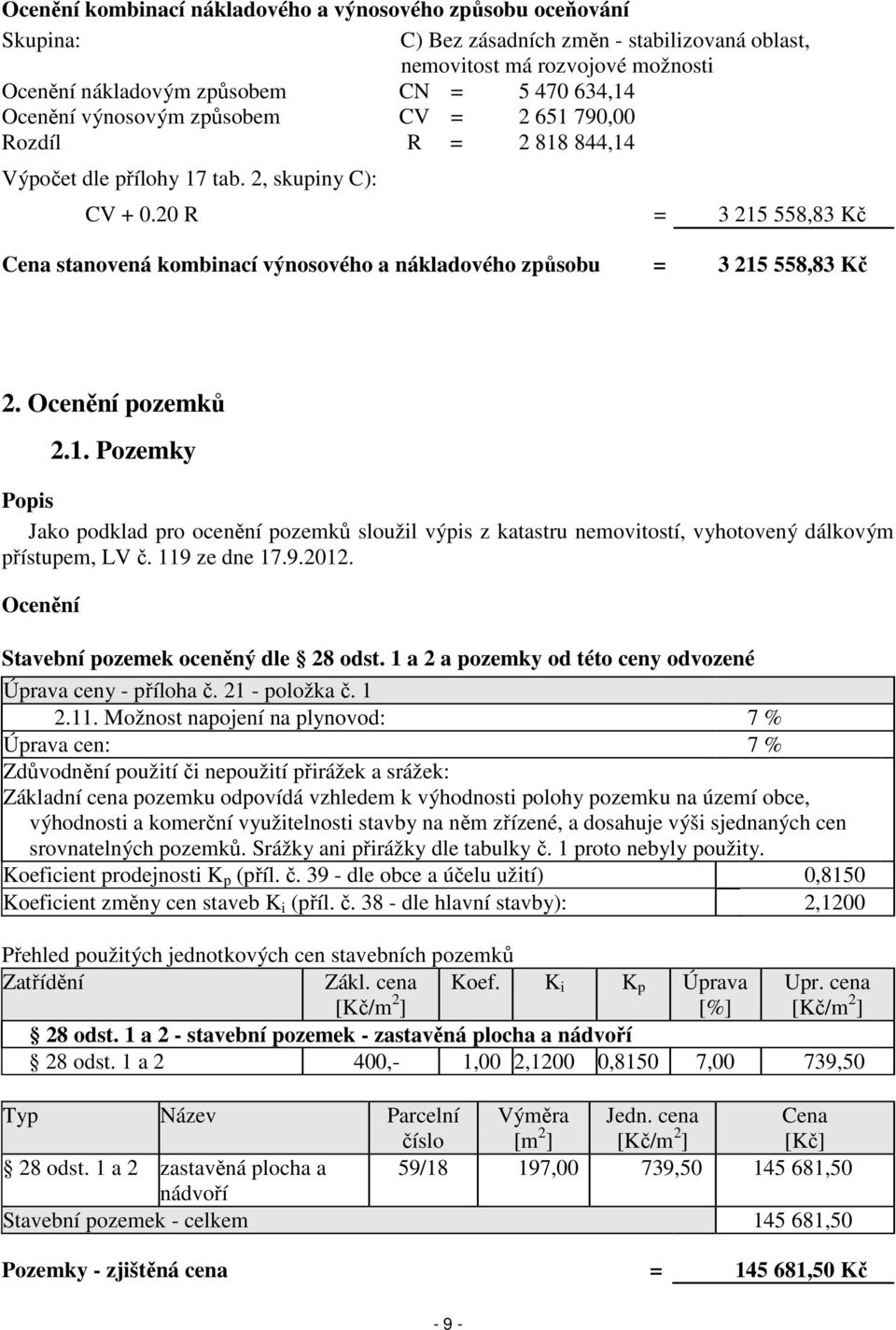 20 R = 3 215 558,83 Kč Cena stanovená kombinací výnosového a nákladového způsobu = 3 215 558,83 Kč 2. Ocenění pozemků 2.1. Pozemky Popis Jako podklad pro ocenění pozemků sloužil výpis z katastru nemovitostí, vyhotovený dálkovým přístupem, LV č.