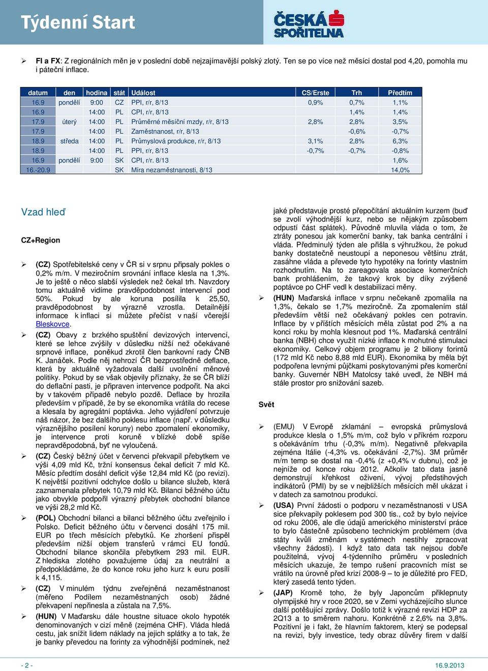 9 úterý 14:00 PL Průměrné měsíční mzdy, r/r, 8/13 2,8% 2,8% 3,5% 17.9 14:00 PL Zaměstnanost, r/r, 8/13-0,6% -0,7% 18.9 středa 14:00 PL Průmyslová produkce, r/r, 8/13 3,1% 2,8% 6,3% 18.