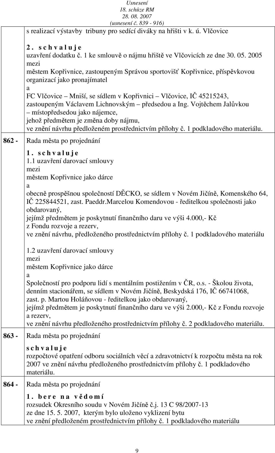 předsedou Ing. Vojtěchem Jlůvkou místopředsedou jko nájemce, jehož předmětem je změn doby nájmu, ve znění návrhu předloženém prostřednictvím přílohy č. 1 podkldového mteriálu.