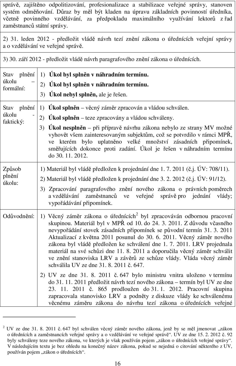 leden 2012 - předložit vládě návrh tezí znění zákona o úřednících veřejní správy a o vzdělávání ve veřejné správě. 3) 30. září 2012 - předložit vládě návrh paragrafového znění zákona o úřednících.