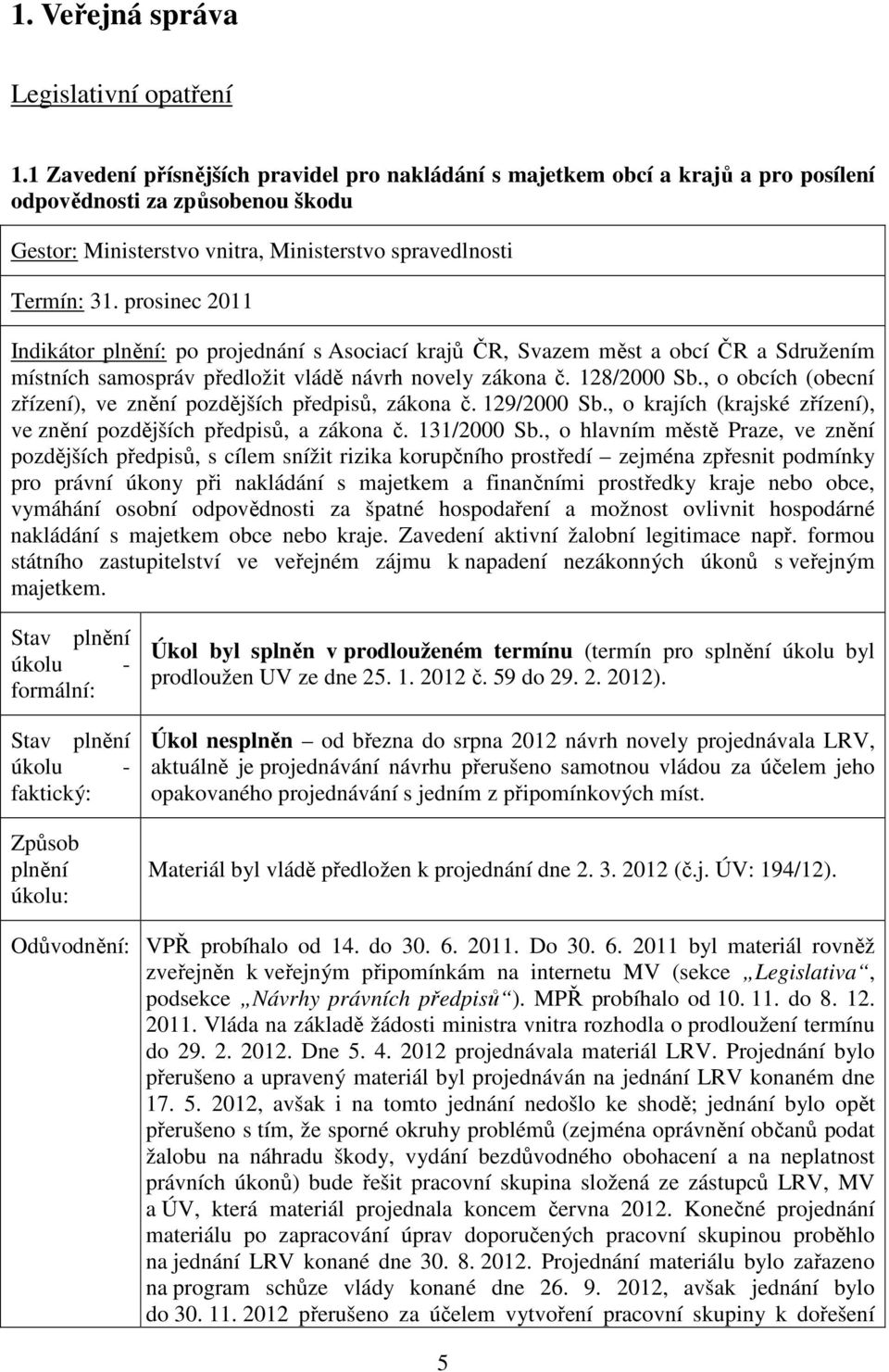 prosinec 2011 Indikátor : po projednání s Asociací krajů ČR, Svazem měst a obcí ČR a Sdružením místních samospráv předložit vládě návrh novely zákona č. 128/2000 Sb.