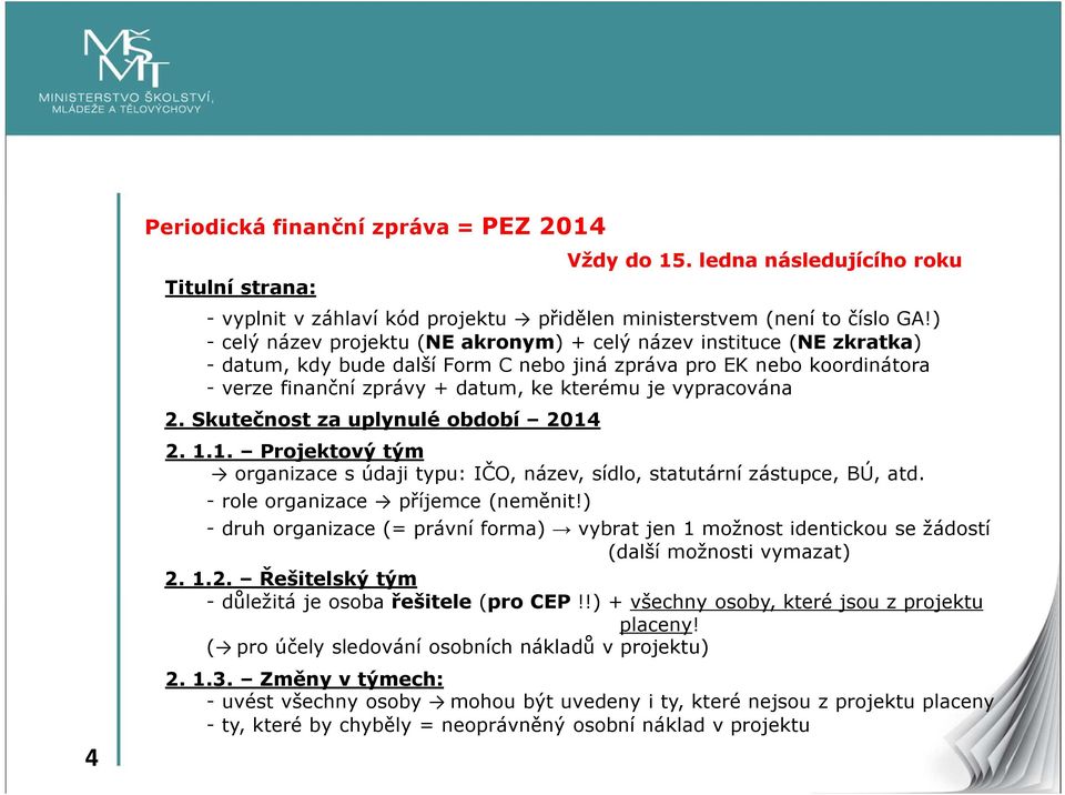 vypracována 2. Skutečnost za uplynulé období 2014 2. 1.1. Projektový tým organizace s údaji typu: IČO, název, sídlo, statutární zástupce, BÚ, atd. - role organizace příjemce (neměnit!