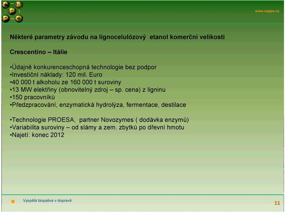 Euro 40 000 t alkoholu ze 160 000 t suroviny 13 MW elektřiny (obnovitelný zdroj sp.