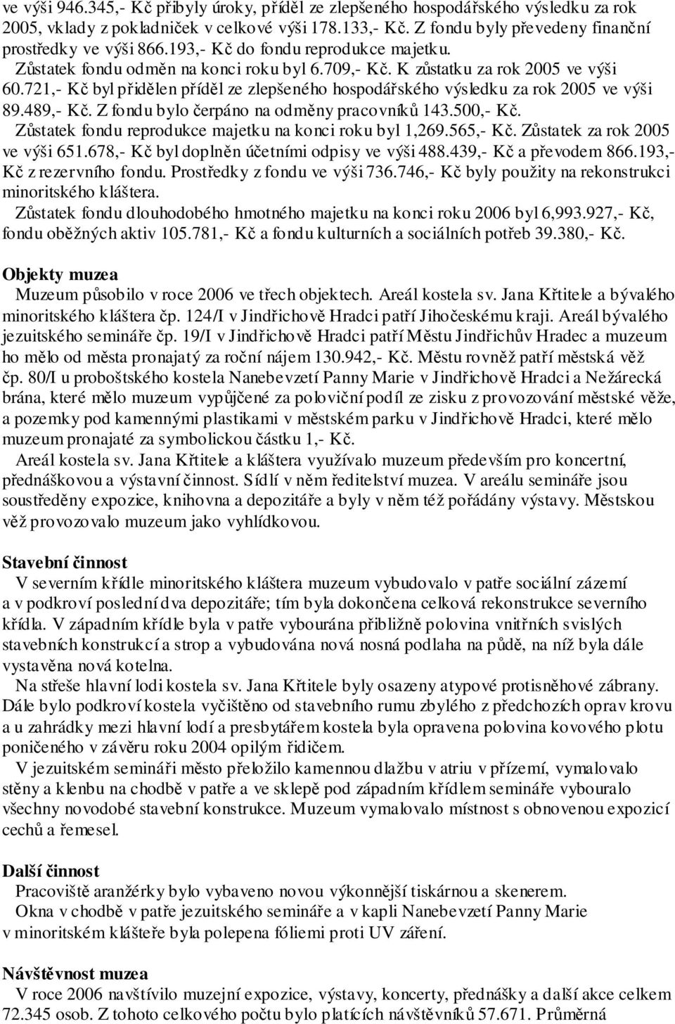 721,- Kč byl přidělen příděl ze zlepšeného hospodářského výsledku za rok 2005 ve výši 89.489,- Kč. Z fondu bylo čerpáno na odměny pracovníků 143.500,- Kč.