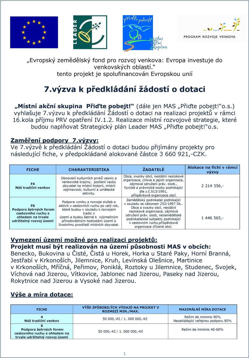 kola příjmu PRV opatření IV.1.2. Realizace místní rozvojové strategie, které budou naplňovat Strategický plán Leader MAS Přiďte pobejt! o.s. Zaměření podpory 7.výzvy: Ve 7.