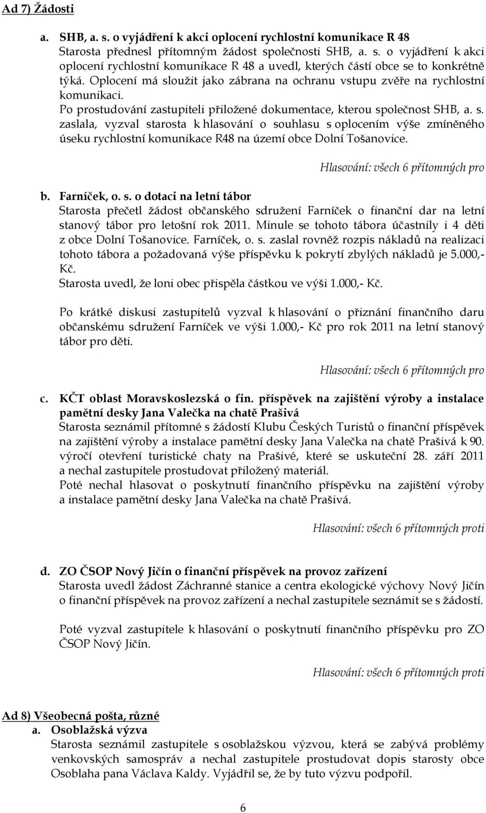 b. Farníček, o. s. o dotaci na letní tábor Starosta přečetl ţádost občanského sdruţení Farníček o finanční dar na letní stanový tábor pro letošní rok 2011.