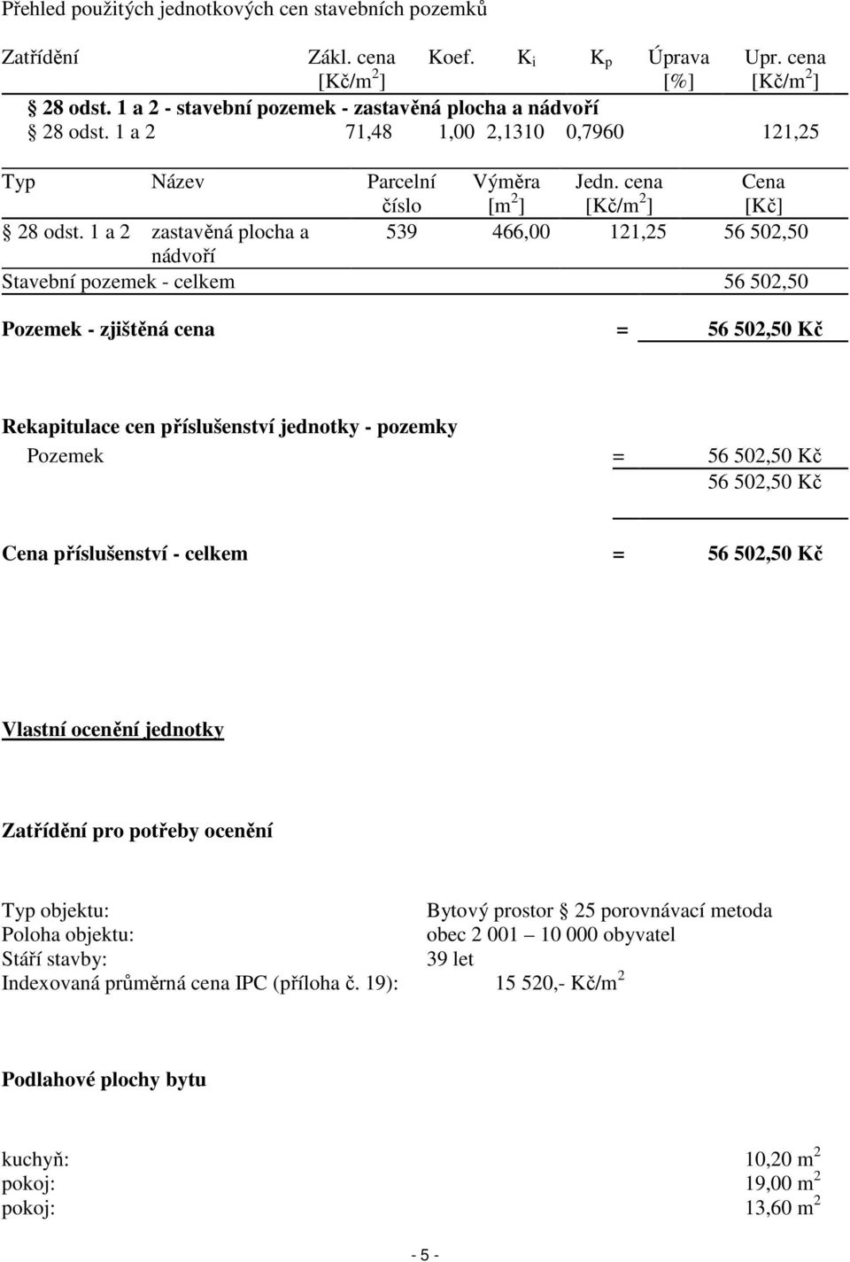 1 a 2 zastavěná plocha a 539 466,00 121,25 56 502,50 nádvoří Stavební pozemek - celkem 56 502,50 Pozemek - zjištěná cena = 56 502,50 Kč Rekapitulace cen příslušenství jednotky - pozemky Pozemek = 56