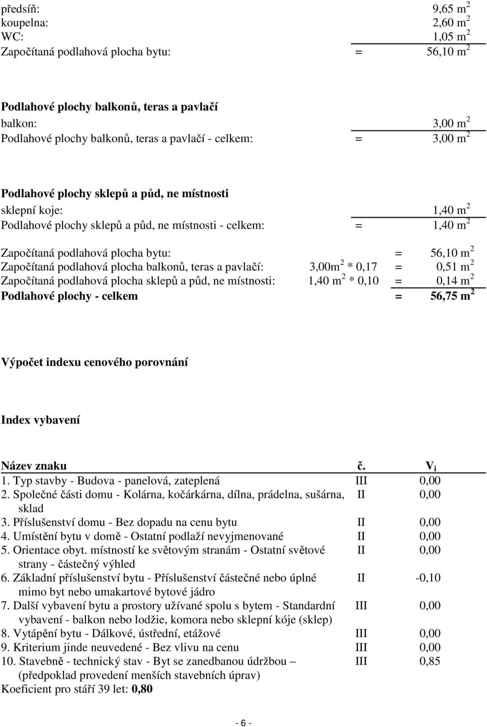 Započítaná podlahová plocha balkonů, teras a pavlačí: 3,00m 2 * 0,17 = 0,51 m 2 Započítaná podlahová plocha sklepů a půd, ne místnosti: 1,40 m 2 * 0,10 = 0,14 m 2 Podlahové plochy - celkem = 56,75 m