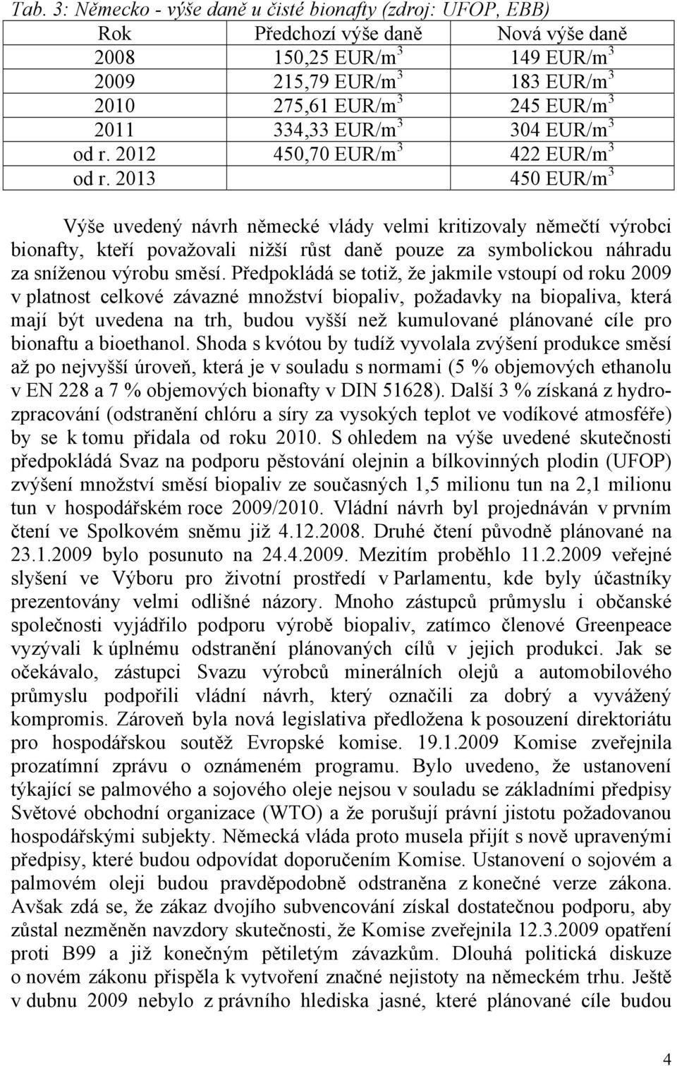 2013 450 EUR/m 3 Výše uvedený návrh německé vlády velmi kritizovaly němečtí výrobci bionafty, kteří považovali nižší růst daně pouze za symbolickou náhradu za sníženou výrobu směsí.