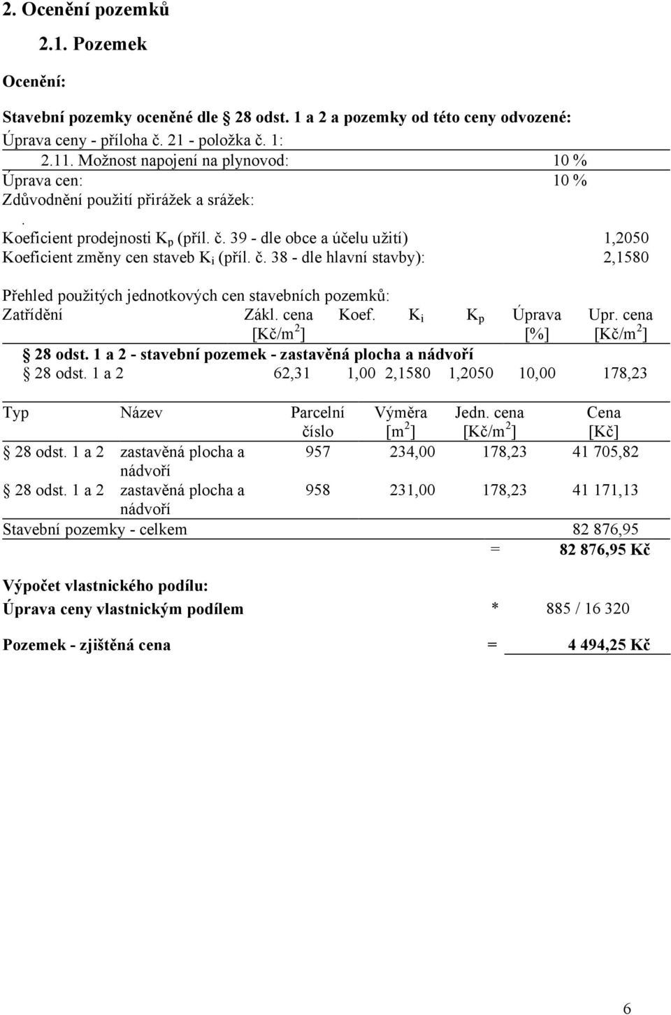 č. 38 - dle hlavní stavby): 2,1580 Přehled použitých jednotkových cen stavebních pozemků: Zatřídění Zákl. cena Koef. Ki Kp 2 [Kč/m ] 28 odst.