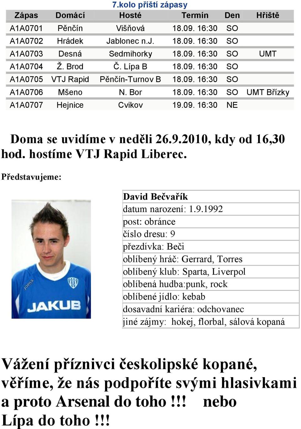 hostíme VTJ Rapid Liberec. Představujeme: David Bečvařík datum narození: 1.9.